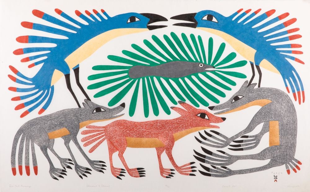 KENOJUAK ASHEVAK, INUIT, Six-Part Harmony, 2011 #16: KENOJUAK ASHEVAK, C.C., R.C.A. (1927-2013) KINNGAIT (CAPE DORSET) Six-Part Harmony, 2011 #16 Printmaker: QAVAVAU MANUMIE (1958-) KINNGAIT (CAPE DORSET) stonecut and stencil, 24.25 x 39 in (61.6 x 99.1