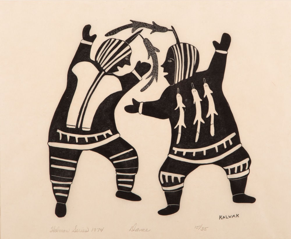 HELEN KALVAK, INUIT, Dance (The Dance), Holman Series, 1974: HELEN KALVAK, C.M., R.C.A. (1901-1984) ULUKHAKTOK (HOLMAN) Dance (The Dance), Holman Series, 1974 Printmaker Unknown stonecut, 16.5 x 20.25 in (41.9 x 51.4 cm) , framed, sight. 15/35 Provenance Collec