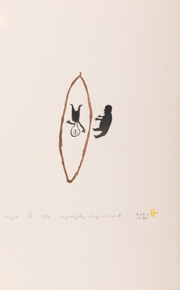 LUKE ANGUHADLUQ, INUIT, Kayak, 1970 #23: LUKE ANGUHADLUQ (1895-1982) QAMANI’TUAQ (BAKER LAKE) Kayak, 1970 #23 Printmaker: LUCY AMAROOK (1950-) QAMANI’TUAQ (BAKER LAKE) stencil, 16 x 10 in (40.6 x 25.4 cm) 19/29 Provenance Collect