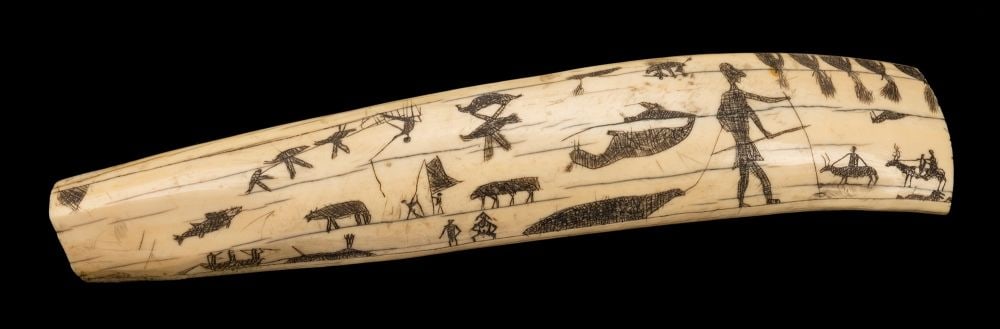 UNIDENTIFIED ARTIST, PROBABLY INUPIAQ, Engraved Walrus Tusk, c. 1890s: UNIDENTIFIED ARTIST, PROBABLY IÑUPIAQ, POSSIBLY SAINT MICHAEL AREA, ALASKA Engraved Walrus Tusk, c. 1890s tusk, 2.25 x 11.75 x 2 in (5.7 x 29.8 x 5.1 cm) Provenance Private Collection, Toronto; Estat