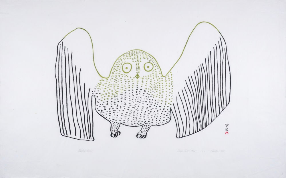 PAUTA SAILA, INUIT, Startled Owl, 1965 #44: PAUTA SAILA, R.C.A. (1916-2009) KINNGAIT (CAPE DORSET) Startled Owl, 1965 #44 Printmaker: EEGYVUDLUK POOTOOGOOK (1931-1999) KINNGAIT (CAPE DORSET) stonecut, 24.5 x 39.5 in (62.2 x 100.3 cm) 13/50 Prov