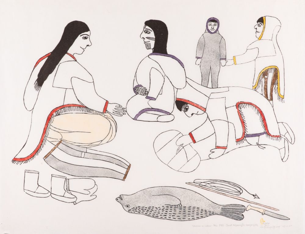 JANET KIGUSIUQ, INUIT, Woman in Labour, 1983 (Baker Lake Series / Baker Lake Uncatalogued Prints 197: JANET KIGUSIUQ (1926-2005) QAMANI'TUAQ (BAKER LAKE) Woman in Labour, 1983 (Baker Lake Series / Baker Lake Uncatalogued Prints 1979 to 1985, Canadian Arctic Producers, Winnipeg, 1995 #16) Printmaker: N