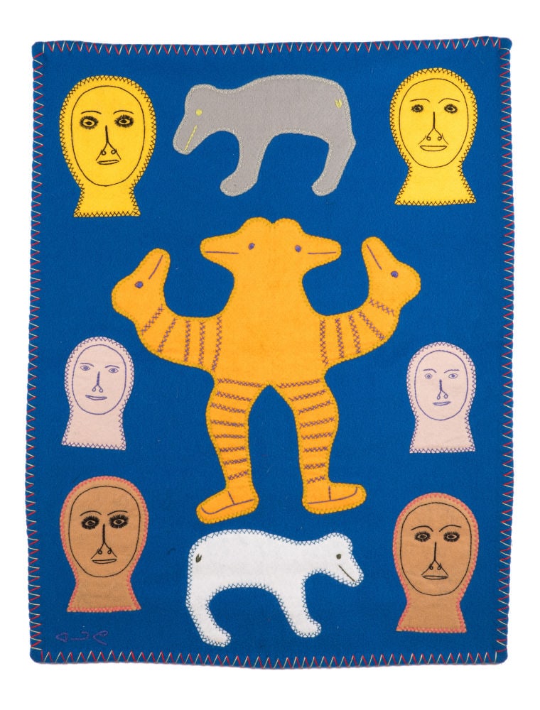 MARJORIE AGLUVAK AQIGAAQ, INUIT, Transforming Figure with People and Bears, c. late 1990s: MARJORIE AGLUVAK AQIGAAQ (1941-2010), QAMANI’TUAQ (BAKER LAKE) Transforming Figure with People and Bears, c. late 1990s stroud, cotton thread, and felt, 36 x 28 in (91.4 x 71.1 cm) signed, "3