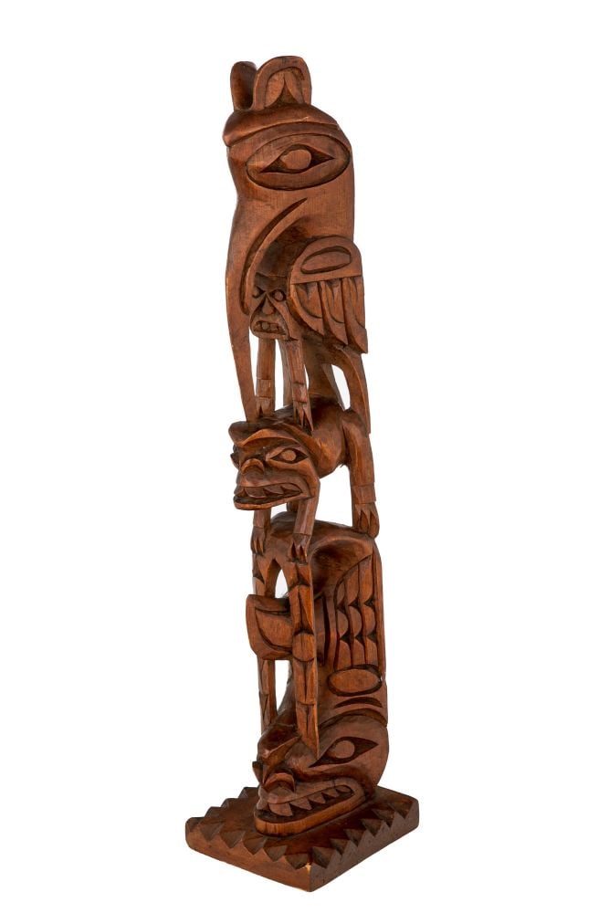 WILSON WILLIAMS, FIRST NATIONS, Model Totem Pole, c. 1960s: WILSON WILLIAMS (c. 1908-1965) DITIDAHT/NUU-CHAH-NULTH Model Totem Pole, c. 1960s wood, stain, and nails, 18.75 x 4 x 4.25 in (47.6 x 10.2 x 10.8 cm) unsigned. Provenance Private Collection, Victoria,