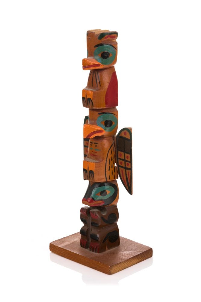 REV. PAUL MATHER, FIRST NATIONS, Model Totem Pole, c. 1937-1942: REV. PAUL MATHER (1878-1942) TSIMSHIAN Model Totem Pole, c. 1937-1942 red cedar wood and acrylic paint, 9.5 x 3.5 x 2.5 in (24.1 x 8.9 x 6.3 cm) unsigned; with black ink stamp, "M. / MA [Indistinct] /