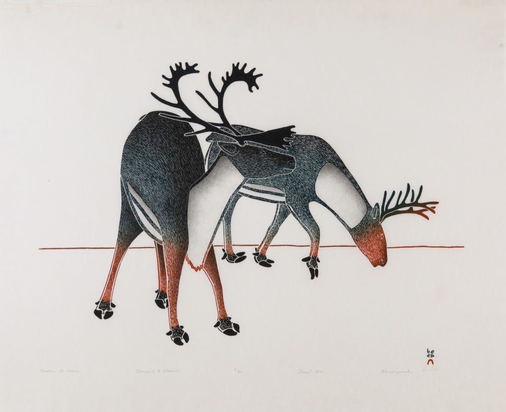 KANANGINAK POOTOOGOOK, INUIT, Caribou at Dawn, 2001 #3: KANANGINAK POOTOOGOOK, R.C.A. (1935-2010) KINNGAIT (CAPE DORSET) Caribou at Dawn, 2001 #3 Printmaker: QAVAVAU MANUMIE (1958 -) KINNGAIT (CAPE DORSET) stonecut and stencil on Kozo natural paper, 24 x 3