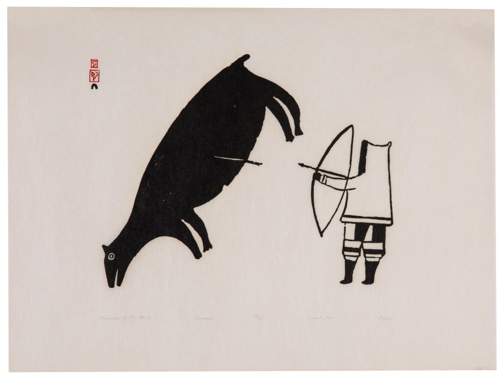 LIZZIE SAGGIAK, INUIT, Memories of the Hunt, 1966 (Dorset Series 2002 #14)*: LIZZIE SAGGIAK (1924-1989) KINNGAIT (CAPE DORSET) Memories of the Hunt, 1966 (Dorset Series 2002 #14)* Printmaker: TIMOTHY OTTOCHIE (1904-1982) KINNGAIT (CAPE DORSET) stonecut, 18.25 x 24.25 in (46.4 