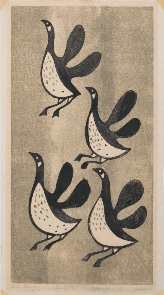 MUNGITOK KELLYPALIK, INUIT, Geese Rising, 1957 (1957/8 Experimental): MUNGITOK KELLYPALIK (1940-2014) KINNGAIT (CAPE DORSET) Geese Rising, 1957 (1957/8 Experimental) Printmaker: LUKTA QIATSUK (1928-2004) KINNGAIT (CAPE DORSET) linocut, 14 x 8 in (35.6 x 20.3 cm) 6/30 Pr