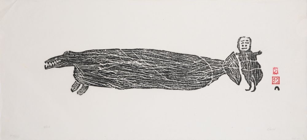 PARR, INUIT, Man and Whale, 1962 #65: PARR (1893-1969) KINNGAIT (CAPE DORSET) Man and Whale, 1962 #65 Printmaker: EEGYVUDLUK POOTOOGOOK (1931-1999) KINNGAIT (CAPE DORSET) stonecut, 9.5 x 22 in (24.1 x 55.9 cm) 9/50 Provenance A Toronto Co