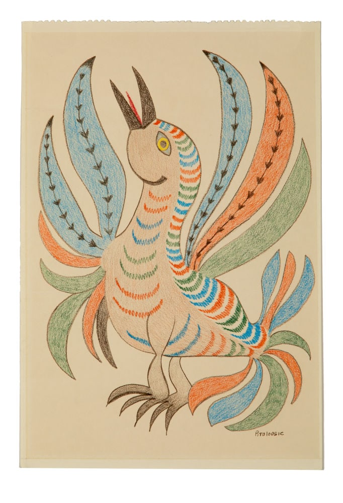 PITALOOSIE SAILA, INUIT, Festive Bird , 1984/85: PITALOOSIE SAILA, R.C.A. (1942-2021) KINNGAIT (CAPE DORSET) Festive Bird , 1984/85 coloured pencil on cerlox bound wove paper, 18 x 12 in (45.7 x 30.5 cm) signed, "Pitaloosie". Provenance A Montreal