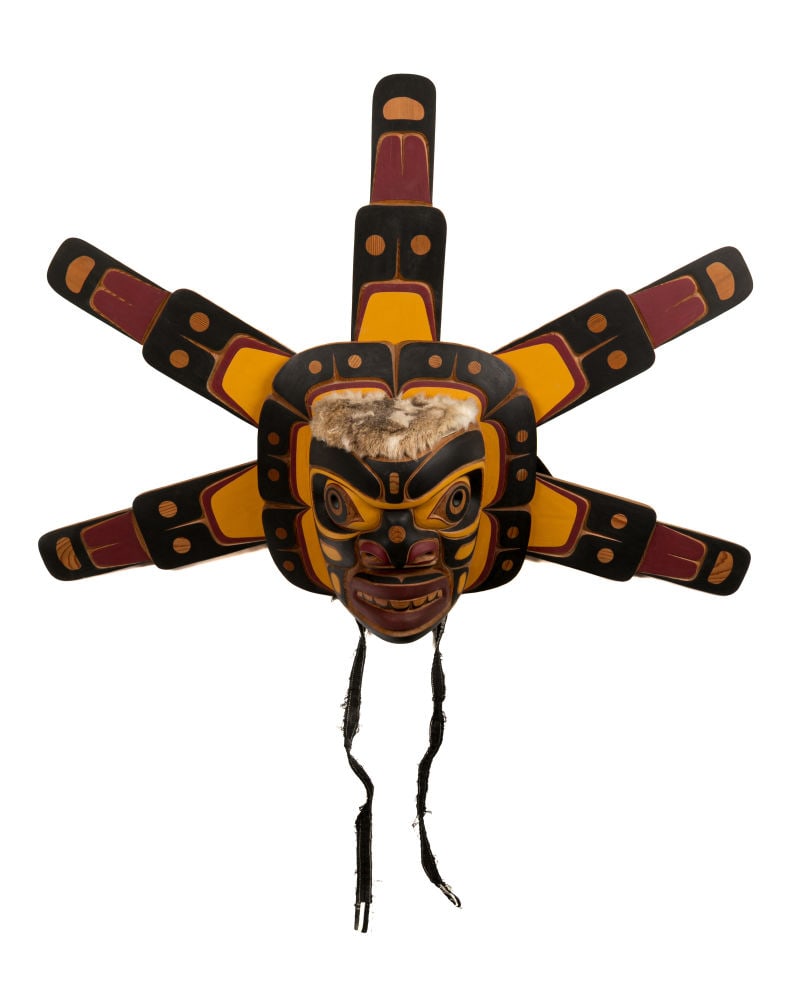 PROBABLY BILL HENDERSON, FIRST NATIONS, Sun Mask with Headgear, mid-late 1980s: PROBABLY BILL HENDERSON (1950-) WEI WAI KUM KWAKWA̱KA̱ʼWAKW Sun Mask with Headgear, mid-late 1980s cedar wood, acrylic paint, fur, foam, cotton fabric, and cotton thread, 27.5 x 41.5 x 