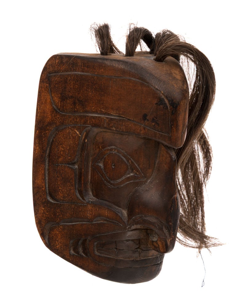 DANNY MATILPI, FIRST NATIONS, Mask, c. 1972: DANNY MATILPI, KWAKWA̱KA̱ʼWAKW Mask, c. 1972 cedar wood, stain, and hair, 5 x 3 x 3.5 in (12.7 x 7.6 x 8.9 cm) measurements reflect dimensions without hair. signed and inscribed, "DANNY