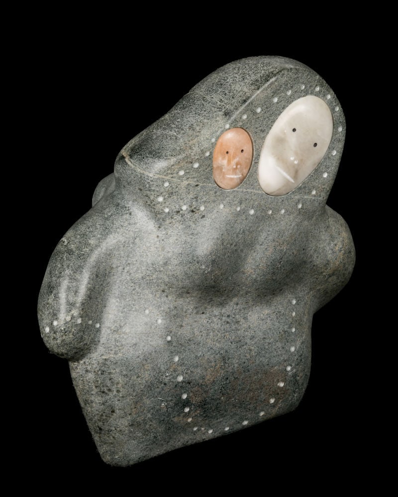 MATIUSIE IYAITUK, INUIT, Proud Grandmother with Grandchild, 1997: MATIUSIE IYAITUK (1950-) IVUJIVIK Proud Grandmother with Grandchild, 1997 stone and inlay, 14 x 13 x 7.75 in (35.6 x 33 x 19.7 cm) titled, signed, dated, "Proud grand / mother / grand child / ᒪ 