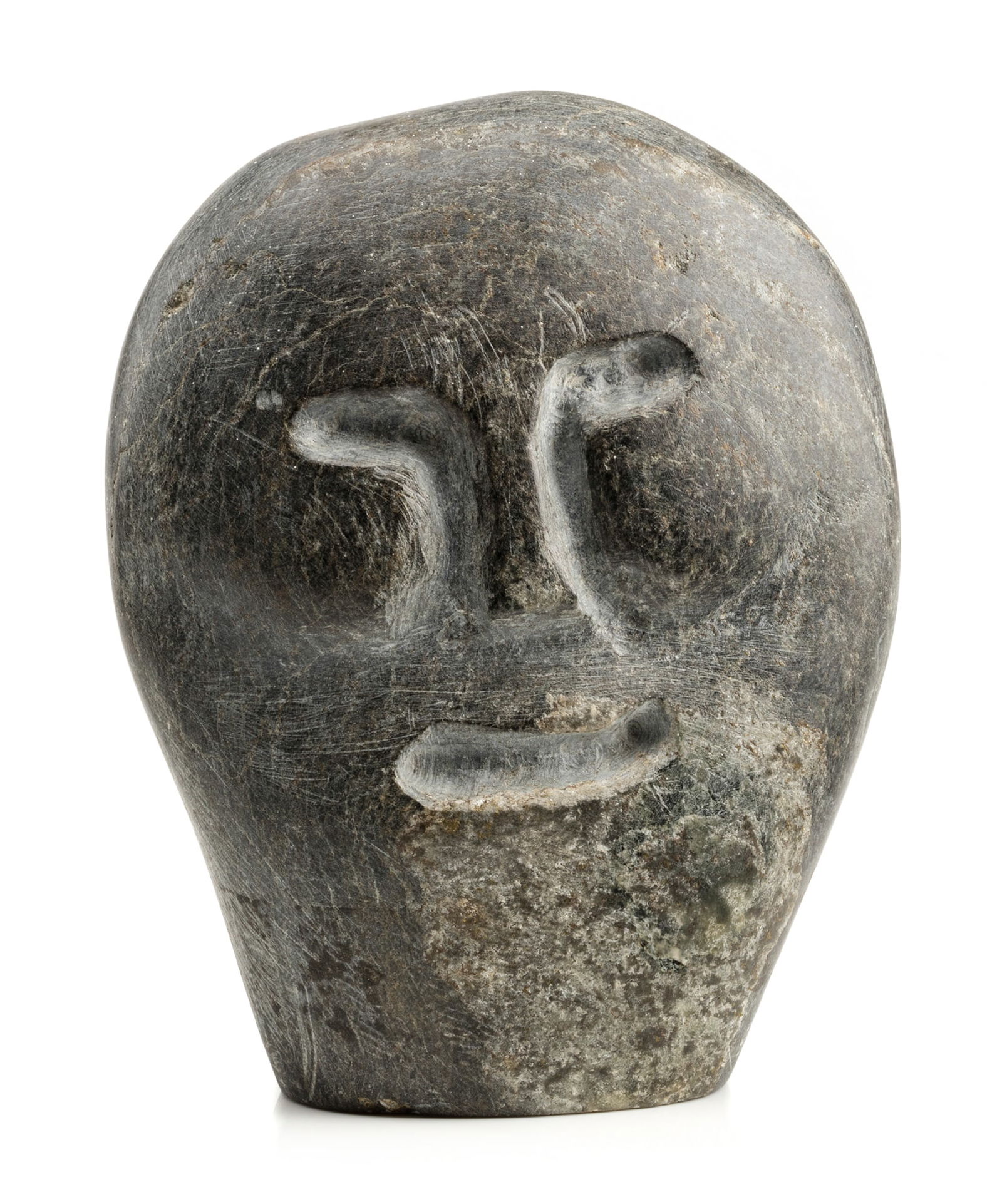 JOHN TIKTAK, INUIT,, Janus Head, c. early 1970s: JOHN TIKTAK, R.C.A. (1916-1981) KANGIQLINIQ (RANKIN INLET) Janus Head, c. early 1970s stone, 5.5 x 4.5 x 2.5 in (14 x 11.4 x 6.3 cm) signed, "ᑎᑕ". Provenance Collection of John and Joyce P
