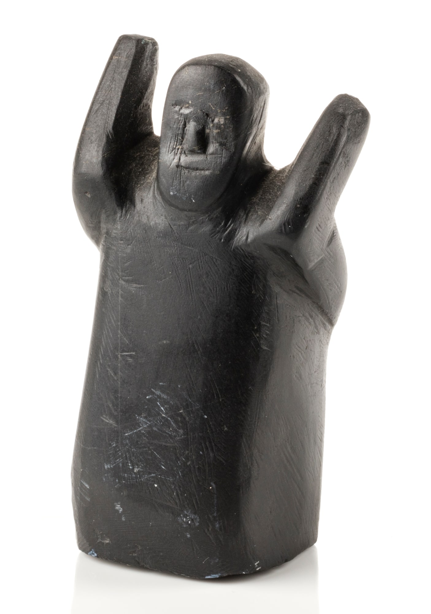 Attr: JOHN TIKTAK, INUIT, Figure with Raised Arms, c. 1959-61: Attributed to JOHN TIKTAK, R.C.A. (1916-1981) KANGIQLINIQ (RANKIN INLET) Figure with Raised Arms, c. 1959-61 stone, 3.25 x 1.75 x 1.25 in (8.3 x 4.4 x 3.2 cm) unsigned. Provenance Innuit Gallery of Es