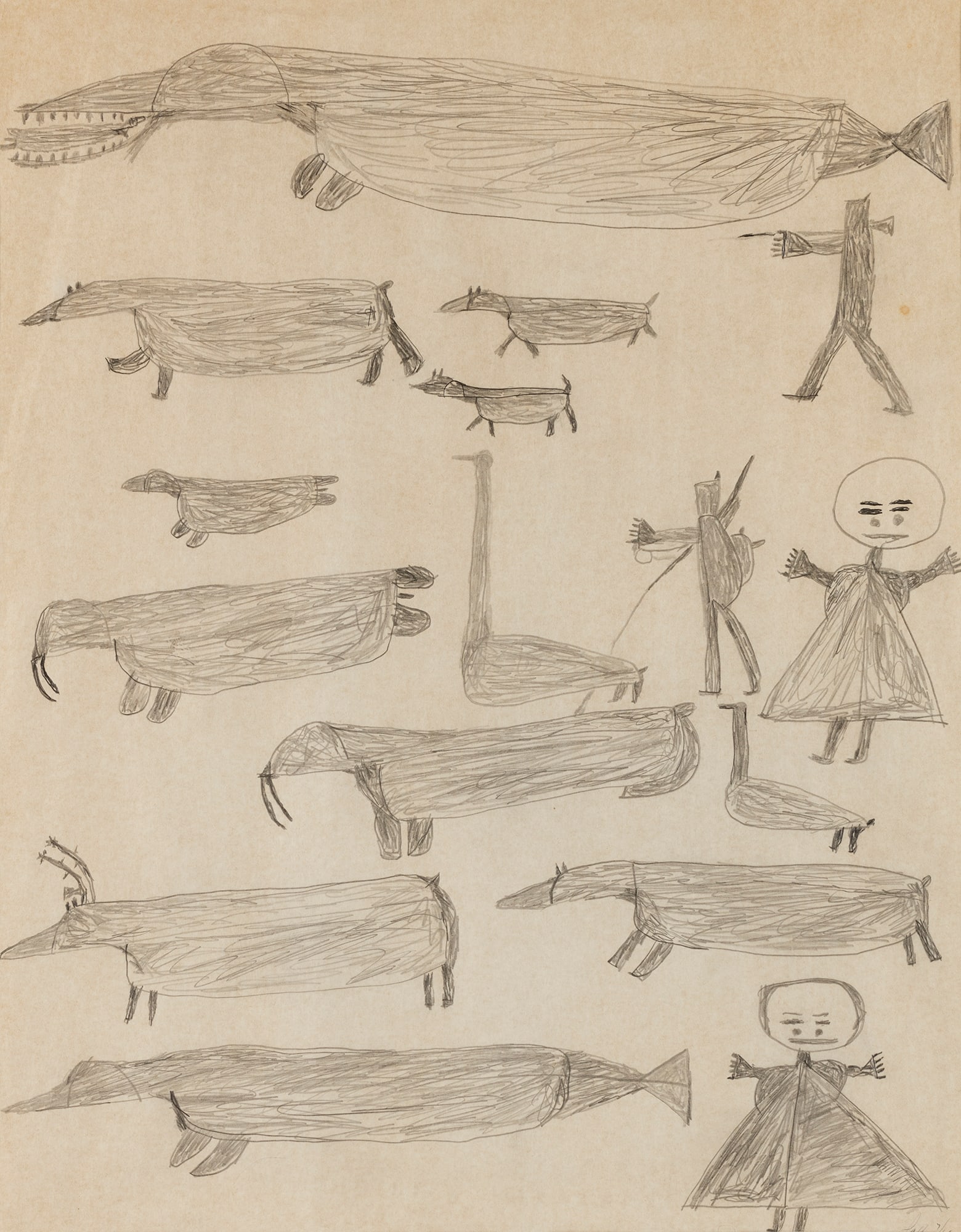 PARR, INUIT, Untitled (People and Animals), July 1961: PARR (1893-1969) KINNGAIT (CAPE DORSET) Untitled (People and Animals),July 1961 graphite on paper, 22.5 x 17.5 in (57.1 x 44.5 cm), framed, sight. unsigned; given to the artist and dated by Terry Ryan