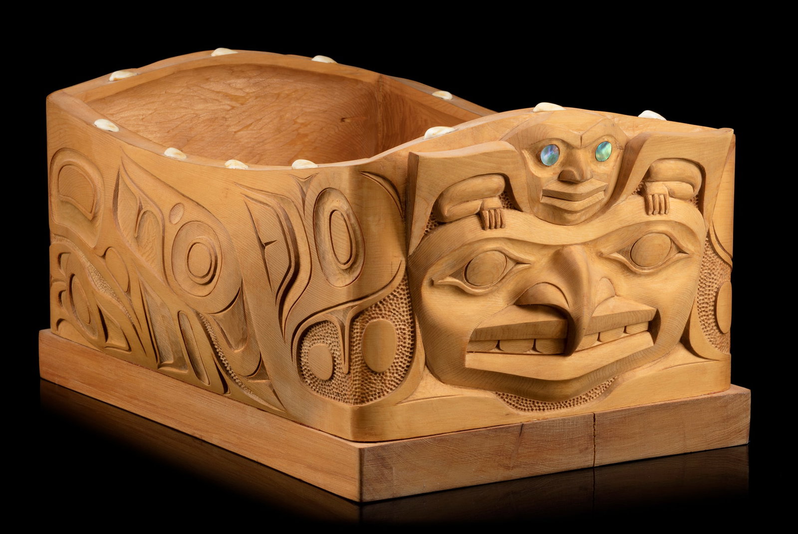 DON YEOMANS, FIRST NATIONS / MÉTIS, Bentwood Feast Dish, 1997: DON YEOMANS (1958-) HAIDA / MÉTIS, PRINCE RUPERT, B.C. Bentwood Feast Dish, 1997 yellow cedar wood, pāua shell, and operculum, 7.75 x 16.25 x 10 in (19.7 x 41.3 x 25.4 cm) signed with artist