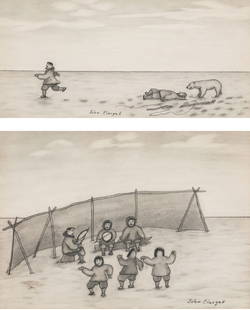 JOHN ELAVGAK, INUPIAQ, ALASKAN, Two Works, c. 1960s: JOHN ELAVGAK (1926-1992) INUPIAQ Two Works: (Untitled, One Bear, Two Strategies) & Untitled (Drum Dance Scene), c. 1960s the first: graphite and ink on paper, 3.75 x 7.75 in (9.5 x 19.7 cm), framed, s