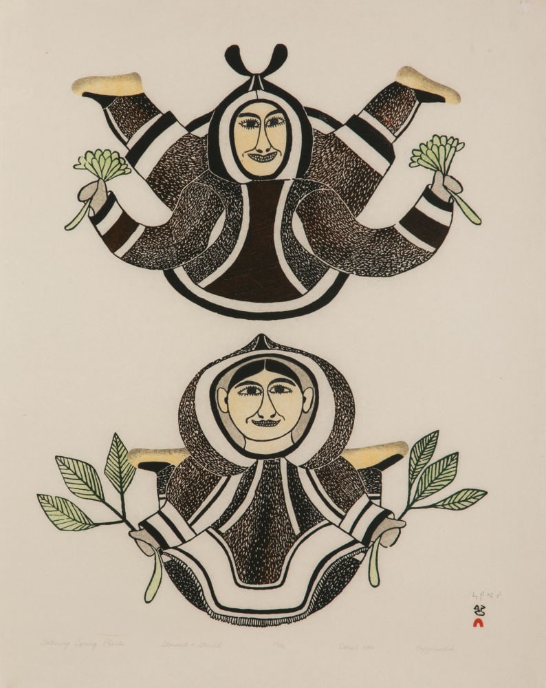 EEGYVUDLUK POOTOOGOOK, INUIT, Gathering Spring Plants, 1984 (2002 #13): EEGYVUDLUK POOTOOGOOK (1931-1999) KINNGAIT (CAPE DORSET) Gathering Spring Plants, 1984 (2002 #13) Printmaker: EEGYVUDLUK POOTOOGOOK (1931-1999) KINNGAIT (CAPE DORSET) stonecut, 30.75 x 23.75 in (78.1 