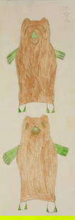SHEOJUK ETIDLOOIE, INUIT, Untitled (Two Happy Lemmings), 1998-9: SHEOJUK ETIDLOOIE (1932-1999) KINNGAIT (CAPE DORSET) Untitled (Two Happy Lemmings), 1998-9 coloured pencil over graphite on paper, 26 x 9 in (66 x 22.9 cm) signed, "&#5359;&#5125;&#5418;". Provenance