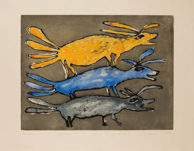 KENOJUAK ASHEVAK, INUIT,Three Caribou, 2010 #16: KENOJUAK ASHEVAK, C.C., R.C.A. (1927-2013) KINNGAIT (CAPE DORSET) Three Caribou, 2010 #16 Printmaker: STUDIO PM (Montreal) etching, aquatint and sugar lift on Arches white paper, plate: 23 1/2 x 31 1/