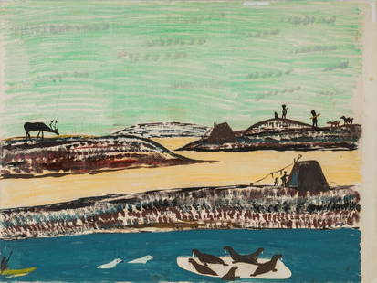 PIERRE NAUYA, INUIT, Double Sided Work on Paper, c. late 1960s: PIERRE NAUYA (1914-1977) RANKIN INLET (KANGIQLINIQ) Double Sided Work on Paper (On the Land and Building a Snow House, c. late 1960s acrylic and coloured pencil on textured wove paper, 12 x 16 in (30.