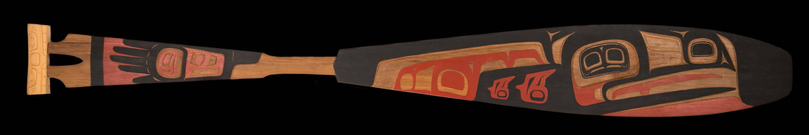 VICTOR MICHAEL WEST, TLINGIT, CREE, AND CELTIC, "Raven-Human" Paddle, Jan 2012: VICTOR MICHAEL WEST, TLINGIT, CREE, AND CELTIC, VANCOUVER / UCLUELET, BC "Raven-Human" Paddle, Jan 2012 red and yellow cedar, and acrylic paint, 7.5 x 60.25 x 1.5 in (19.1 x 153 x 3.8 cm) titled, sign