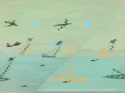 PUDLO PUDLAT, INUIT, Untitled (Skies and Seas: Airplanes over Whaling Boats and Seals), 1977/78: PUDLO PUDLAT (1916-1992) KINNGAIT (CAPE DORSET) Untitled (Skies and Seas: Airplanes over Whaling Boats and Seals), 1977/78 coloured pencil, felt tip markers, and acrylic paint on Arches watermarked pa