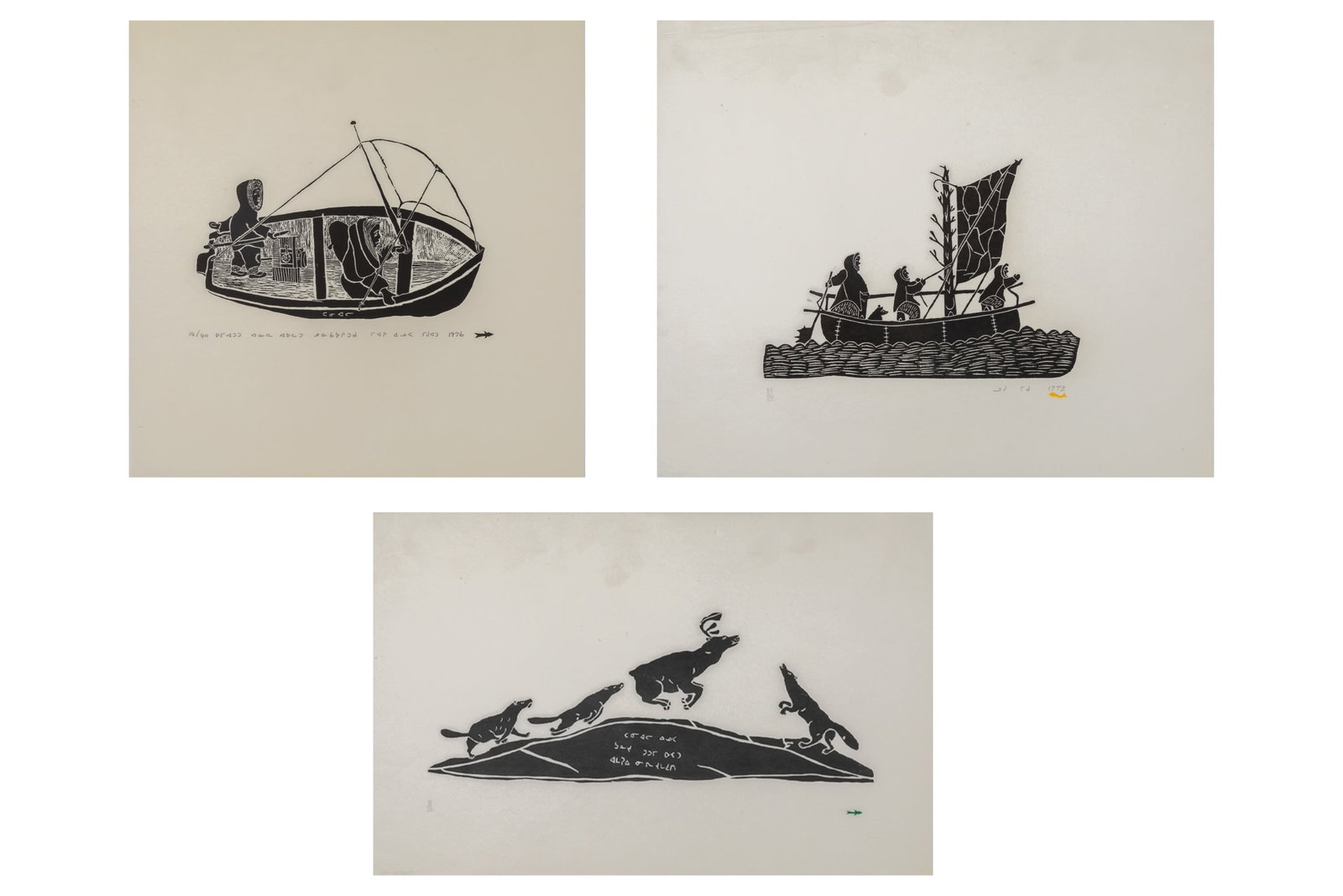LUCY MEEKO and DANIEL INUKPUK (1942-), INUIT, Three Works: A Man and His Wife, 1970s: LUCY MEEKO (1929-2004) KUUJJUARAPIK (GREAT WHALE RIVER) and DANIEL INUKPUK (1942- ) INUKJUAK (PORT HARRISON) Three Works: A Man and His Wife, Eskimos with the Umiak, and Wolves Running After Caribou, 
