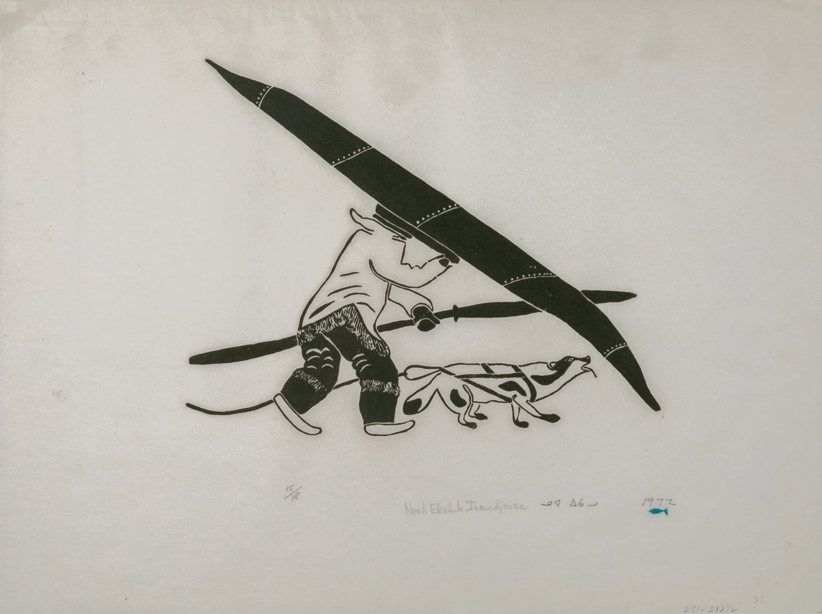 NOAH ECHALOOK, INUIT, Going Hunting, Arctic Québec, 1972 #11: NOAH ECHALOOK (1946-) INUKJUAK (PORT HARRISON) Going Hunting, Arctic Québec, 1972 #11 Printmaker: NOAH ECHALOOK (1946-) INUKJUAK (PORT HARRISON) stonecut, 16.5 x 21.75 in (41.9 x 55.2 cm) 15/18 P