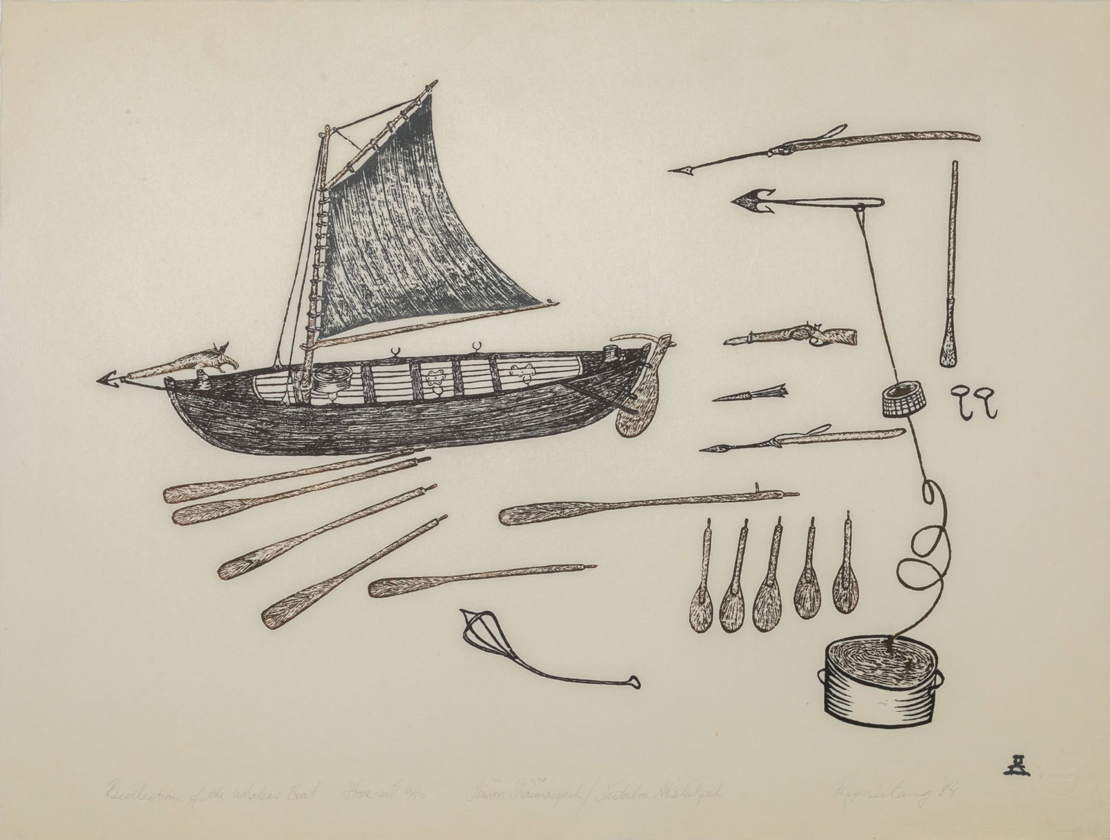 SIMON SHAIMAIYUK, INUIT, Recollection of the Whalers Boat, 1984 #30: SIMON SHAIMAIYUK (1915-1999) PANNIRTUQ (PANGNIRTUNG) Recollection of the Whalers Boat, 1984 #30 Printmaker: GEETALOO AKULUKJUK (1939-2009) PANNIRTUQ (PANGNIRTUNG) stonecut, 22 x 29 in (55.9 x 73.7 cm)
