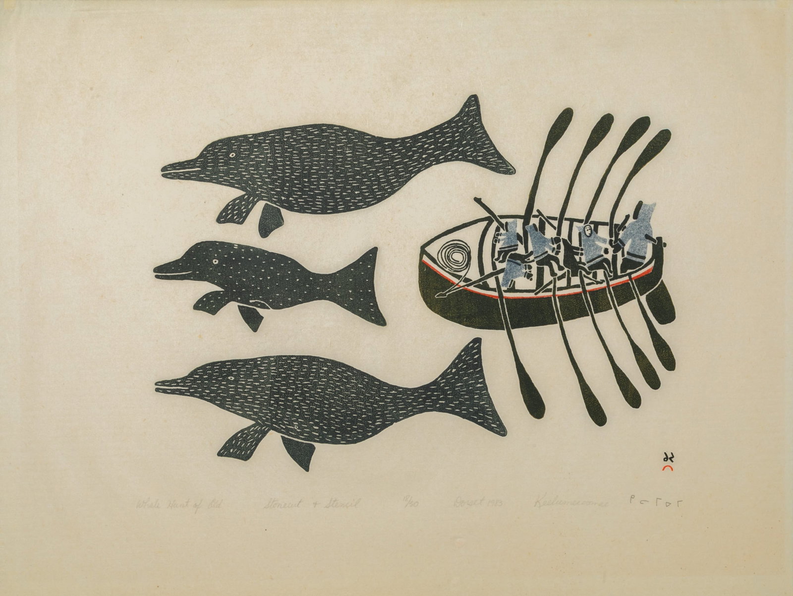 KEELEEMEEOOMEE SAMUALIE, INUIT, Whale Hunt of Old, 1983 #7: KEELEEMEEOOMEE SAMUALIE (1919-1983) KINNGAIT (CAPE DORSET) Whale Hunt of Old, 1983 #7 Printmaker: KOOYOO SIMIGA, KINNGAIT (CAPE DORSET) stonecut and stencil, 19.75 x 26 in (50.2 x 66 cm) 18/50 Provena
