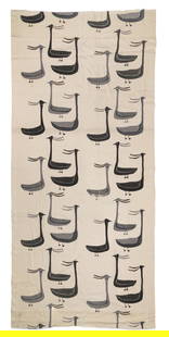 ANIRNIK OSHUITOQ, INUIT, Fabulous Geese, c. 1965: ANIRNIK OSHUITOQ (1902-1983) KINNGAIT (CAPE DORSET) Fabulous Geese, c. 1965 silkscreen on linen fabric, 49 x 106.5 in (124.5 x 270.5 cm) with printed inscription and titled, "West Baffin Eskimo Co-Op.
