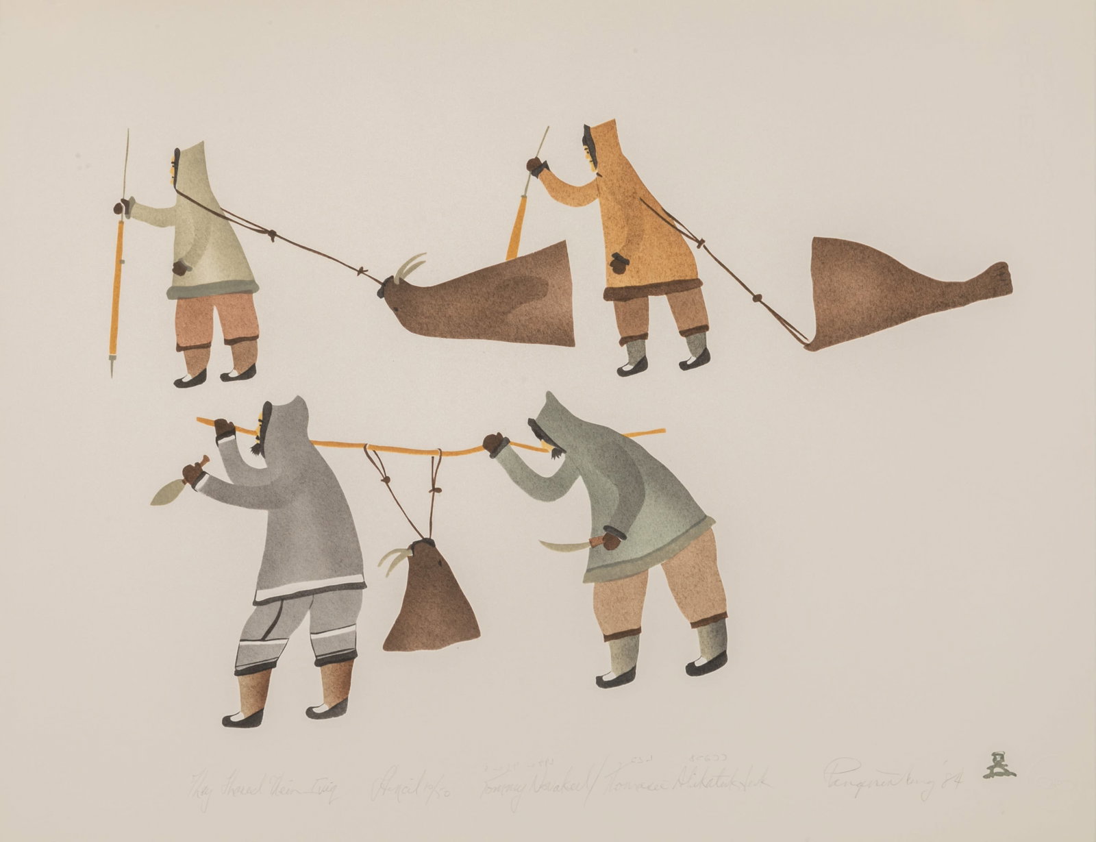 TOMMY NUVAQIRQ,INUIT, They Shared the Aivik (Walrus), 1984 #23: TOMMY NUVAQIRQ (1911-1982) PANNIRTUQ (PANGNIRTUNG) They Shared the Aivik (Walrus), 1984 #23 Printmaker: THOMASIE ALIKATUKTUK (1953-2009) PANNIRTUQ (PANGNIRTUNG) stencil, 17.25 x 22.5 in (43.8 x 57.1 c