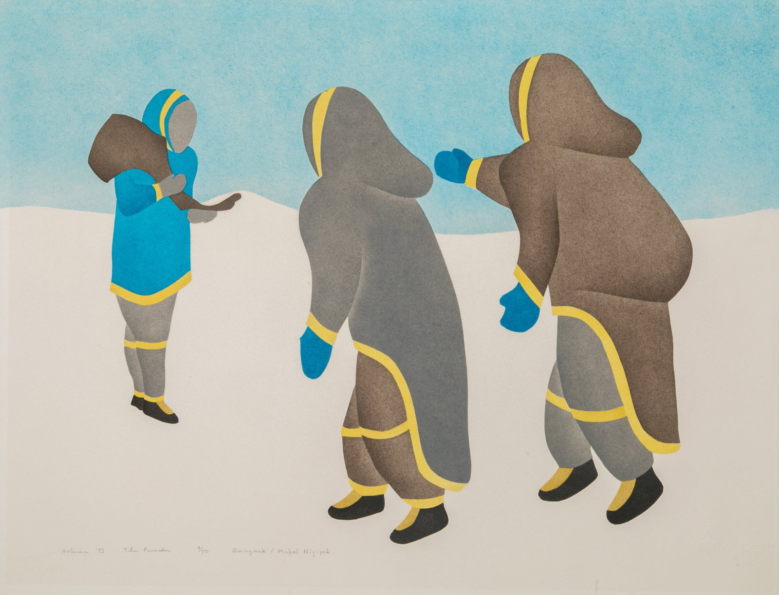 DAVID OMINGMAK, INUIT, The Provider, 1983 #20: DAVID OMINGMAK (1944-) ULUKHAKTOK (HOLMAN ISLAND) The Provider, 1983 #20 Printmaker: MABEL NIGIYOK (1938-) ULUKHAKTOK (HOLMAN ISLAND) stencil, 19.75 x 26 in (50.2 x 66 cm) 8/50 Provenance Ex. Coll. Co