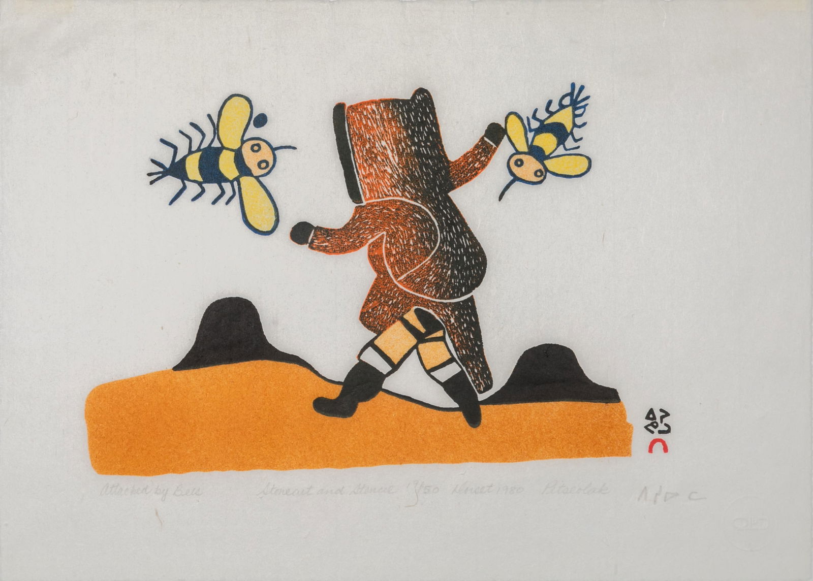 PITSEOLAK ASHOONA, INUIT, Attacked by Bees, 1980 (Folio of Stonecut/Stencils #1) (1 of 1)