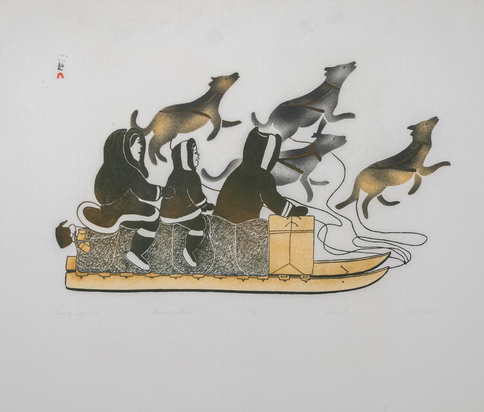 MARY PUDLAT, INUIT, Travel by Dog Team, 1985 #12: MARY PUDLAT (1923-2001) KINNGAIT (CAPE DORSET) Travel by Dog Team, 1985 #12 Printmaker: IYOLA KINGWATSIAK (1933-2000) KINNGAIT (CAPE DORSET) stonecut and stencil, 24 x 28 in (61 x 71.1 cm) 28/50 Prove
