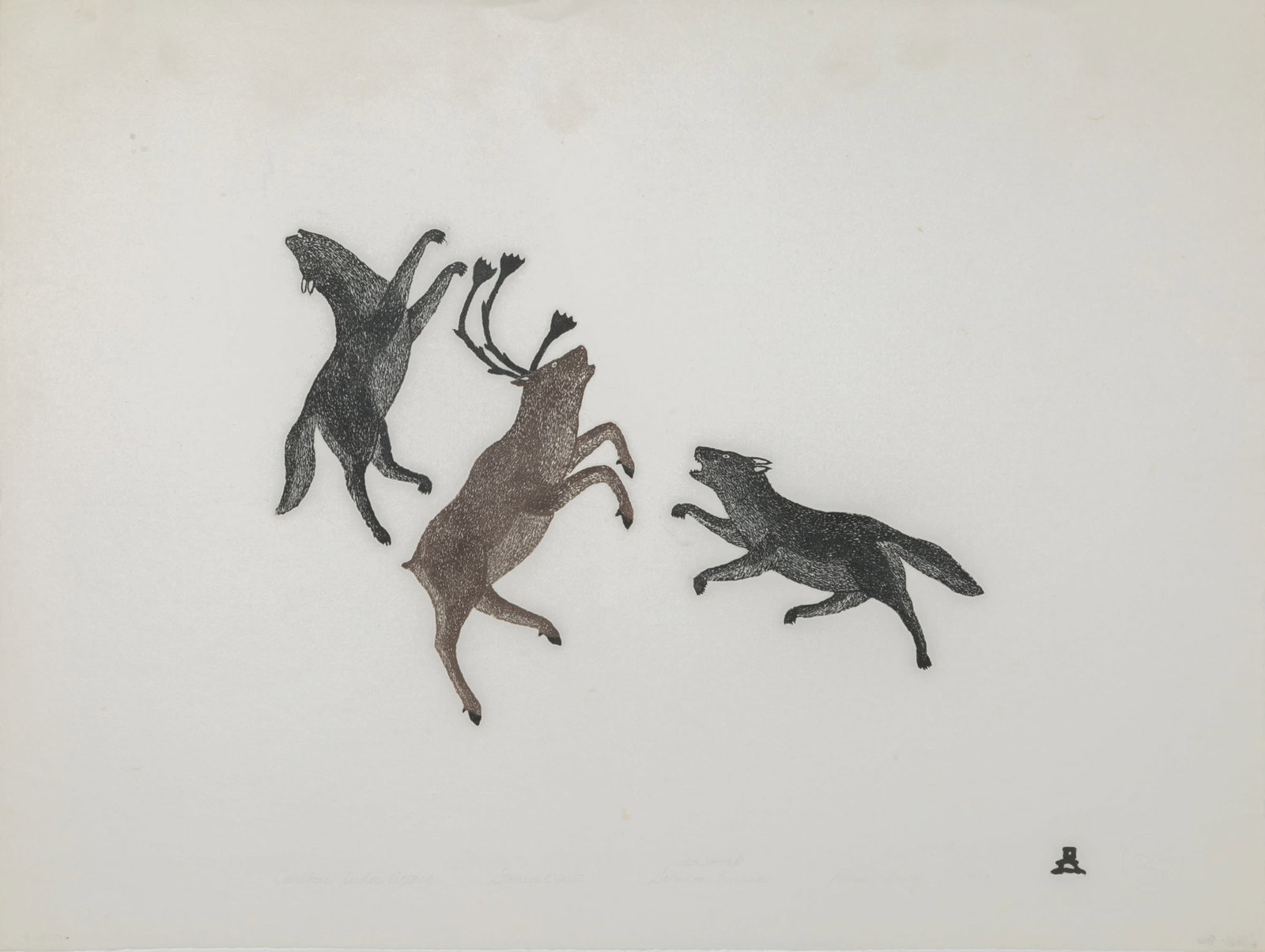 SOLOMON KARPIK, INUIT, Caribou Under Attack, 1980 #22: SOLOMON KARPIK (1947-1989) PANNIQTUUQ (PANGNIRTUNG) Caribou Under Attack, 1980 #22 Printmaker: SOLOMON KARPIK (1947-1989) PANNIQTUUQ (PANGNIRTUNG) stonecut, 18 x 24.25 in (45.7 x 61.6 cm) 25/50 Proven