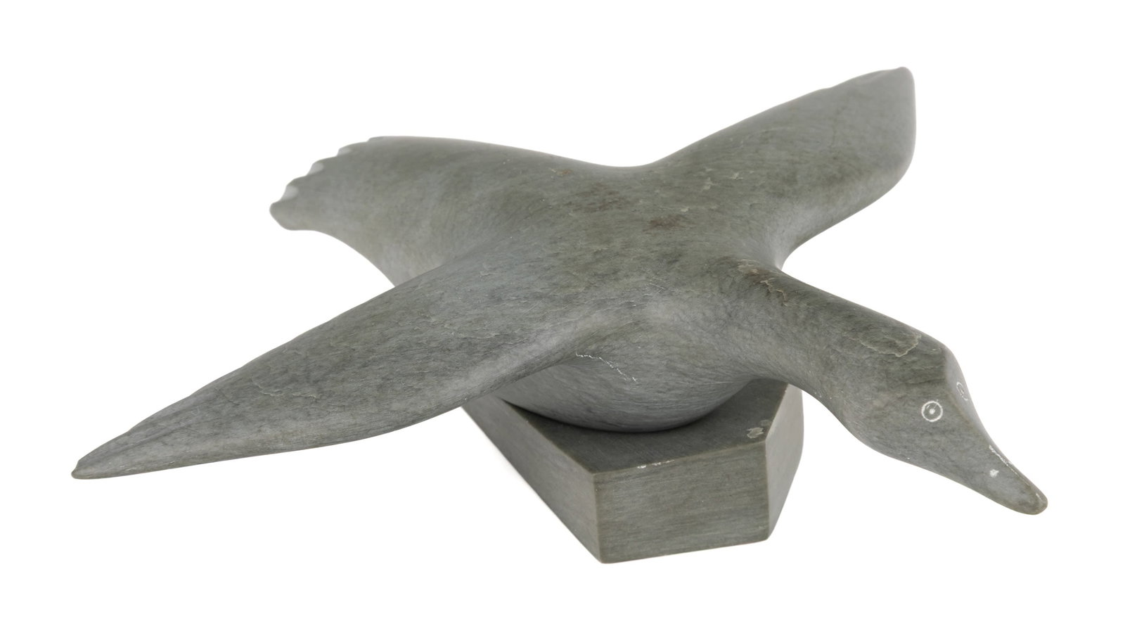 MOSES MEEKO, INUIT, Alighting Bird, 1965: MOSES MEEKO (1920-1975) SANIKILUAQ (BELCHER ISLANDS) Alighting Bird, 1965 stone, 2.5 x 7.5 x 7.25 in (6.3 x 19.1 x 18.4 cm) signed and inscribed with artist's disc number, "MOSES / E9 22"; with affixe