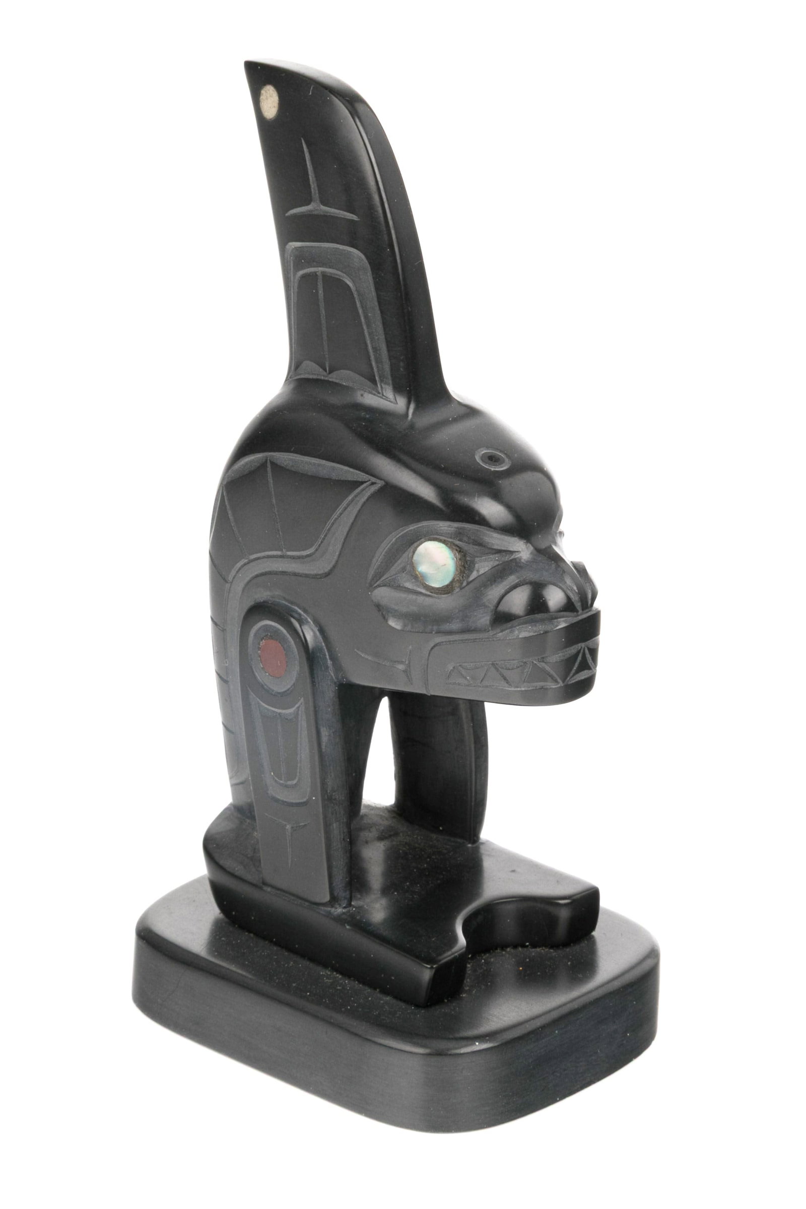GLEN POLLARD, HAIDA, Killer Whale, 1999: GLEN POLLARD (1957-) SKIDEGATE, HAIDA GWAII Killer Whale, 1999 argillite, antler, p?ua shell, and catlinite, 5 x 2.5 x 2 in (12.7 x 6.3 x 5.1 cm) signed, dated, and titled, "Glen Pollard / 99 / Haida 