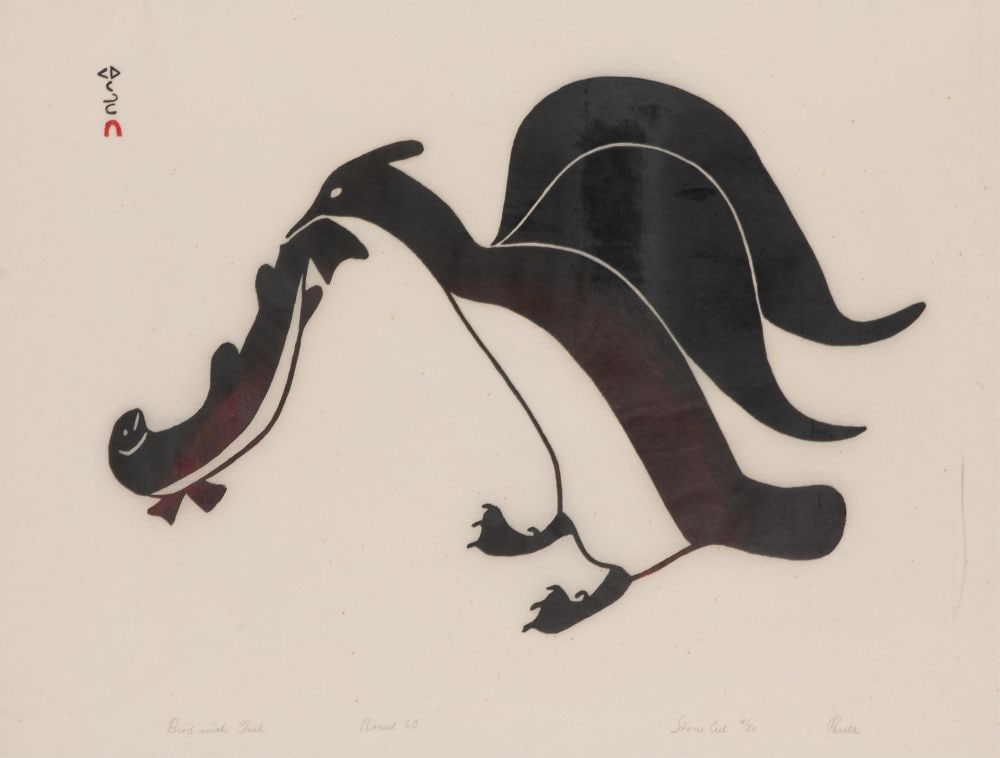 PAUTA SAILA, R.C.A., INUIT, Bird with Fish, 1968 #4: PAUTA SAILA, R.C.A. (1916-2009) KINNGAIT (CAPE DORSET) Bird with Fish, 1968 #4 Printmaker: EEGYVUDLUK POOTOOGOOK (1931-1999) KINNGAIT (CAPE DORSET) stonecut, 17 x 22 in (43.2 x 55.9 cm) 4/50 Provenanc