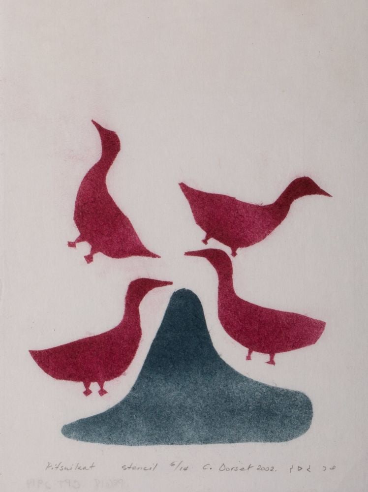 SHEOJUKE TOONOO, INUIT, Pitsuilaat (Sea Ducks), 2002: SHEOJUKE TOONOO (1928-2010) KINNGAIT (CAPE DORSET) Pitsuilaat (Sea Ducks), 2002 Printmaker: SHEOJUKE TOONOO (1928-2010) KINNGAIT (CAPE DORSET) stencil, 12 x 9 in (30.5 x 22.9 cm) 6/14 Provenance Fehel