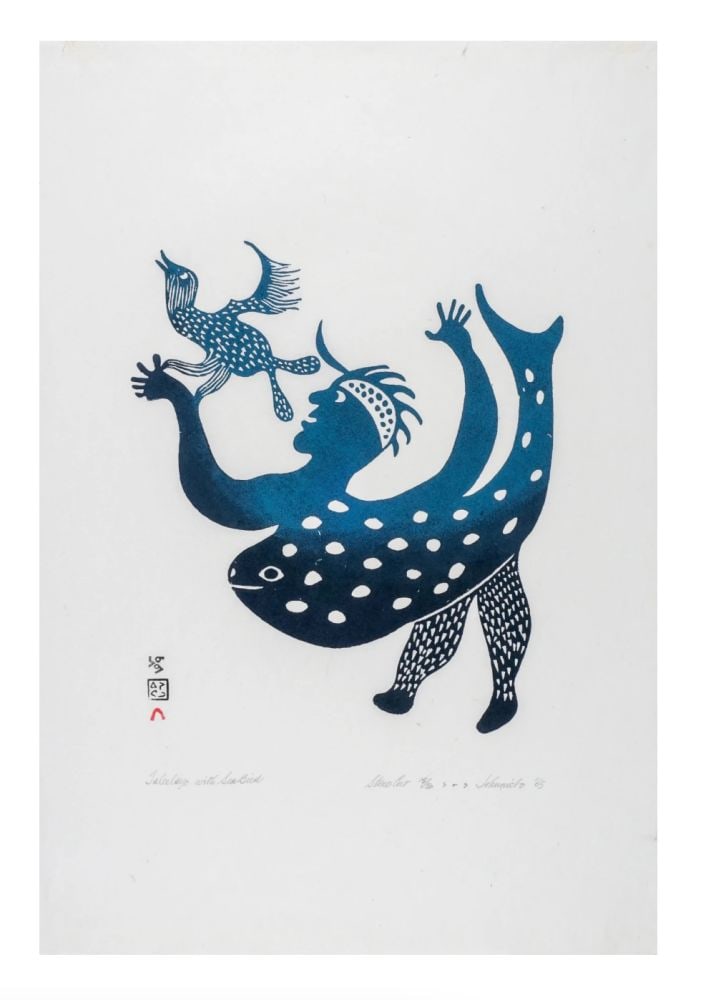 JOHNNIEBO ASHEVAK INUIT, Taleelayo with Sea Bird, 1965 (1966 #48): JOHNNIEBO ASHEVAK (1923-1972) KINNGAIT (CAPE DORSET) Taleelayo with Sea Bird, 1965 (1966 #48) Printmaker: EEGYVUDLUK POOTOOGOOK (1931-1999) KINNGAIT (CAPE DORSET) stonecut, 25 x 17 in (63.5 x 43.2 cm)