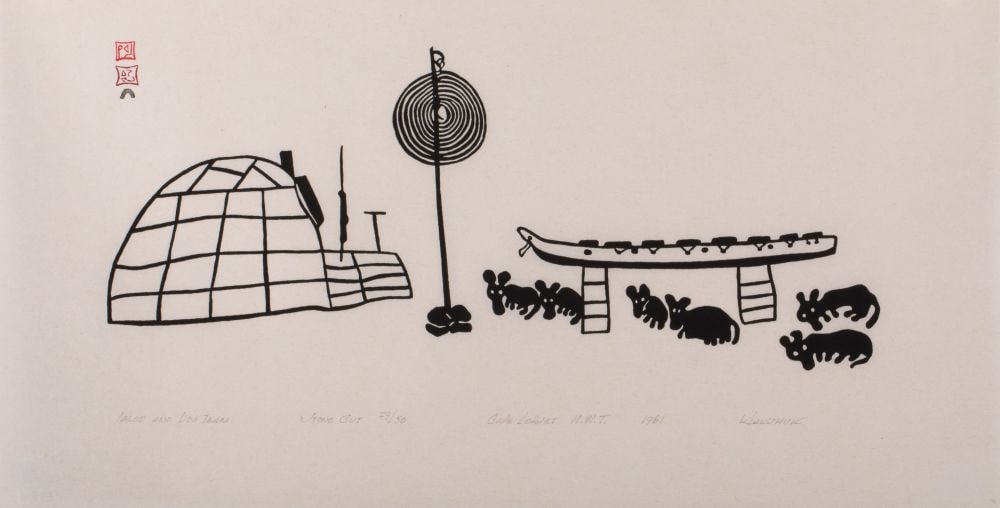 KIAKSHUK, INUIT, Igloo and Dog Team, 1961 #11: KIAKSHUK (1886-1966) KINNGAIT (CAPE DORSET) Igloo and Dog Team, 1961 #11 Printmaker: EEGYVUDLUK POOTOOGOOK (1931-1999) KINNGAIT (CAPE DORSET) stonecut, 12.5 x 24 in (31.8 x 61 cm) 29/50 Provenance Col