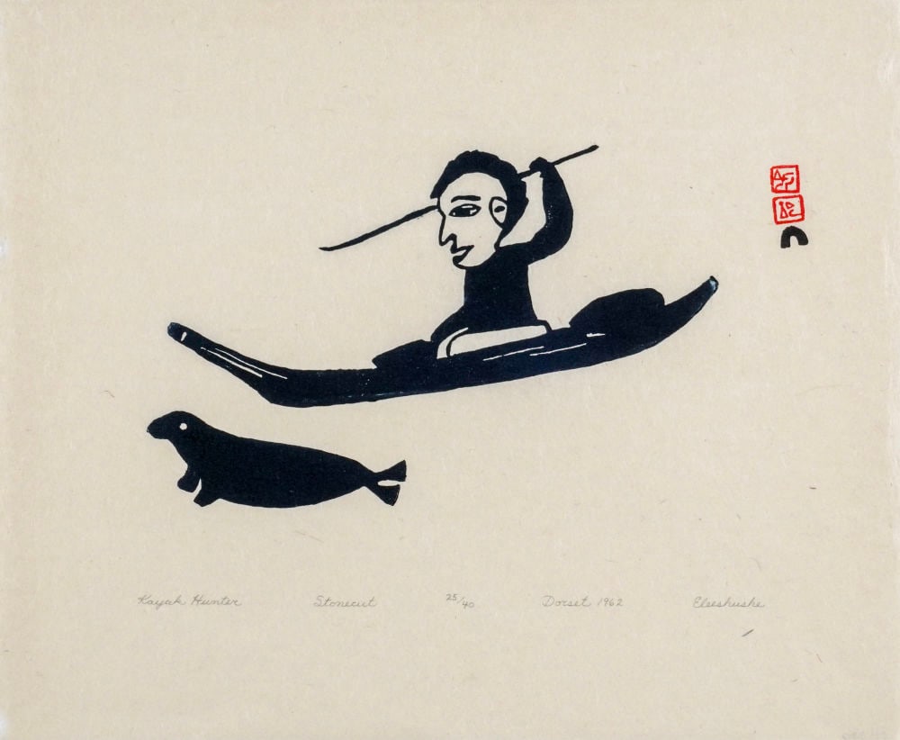 ELEESHUSHE PARR, INUIT, Kayak Hunter, 1962: ELEESHUSHE PARR (1896-1975) KINNGAIT (CAPE DORSET) Kayak Hunter, 1962 Printmaker: IYOLA KINGWATSIAK (1933-2000) KINNGAIT (CAPE DORSET) stonecut, 12 x 14.5 in (30.5 x 36.8 cm) 25/40 Provenance Private 