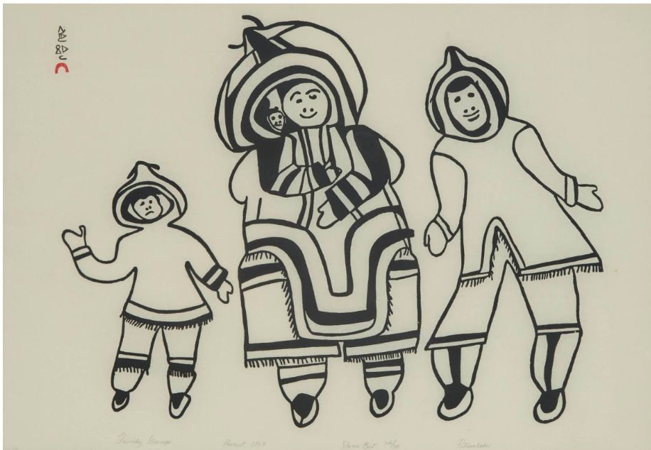 PITSEOLAK ASHOONA, INUIT, Family Group, 1969 (1970 #12): PITSEOLAK ASHOONA, R.C.A., O.C., (1904-1983) KINNGAIT (CAPE DORSET) Family Group, 1969 (1970 #12) Printmaker: IYOLA KINGWATSIAK (1933-2000) KINNGAIT (CAPE DORSET) stonecut, 17.25 x 24.25 in (43.8 x 61