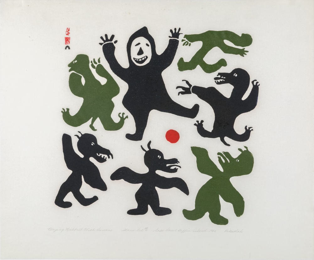 PITSEOLAK ASHOONA, INUIT, Playing Kickball with Demons, 1960 #49: PITSEOLAK ASHOONA, R.C.A., O.C., (1904-1983) KINNGAIT (CAPE DORSET) Playing Kickball with Demons, 1960 #49 Printmaker: EEGYVUDLUK POOTOOGOOK (1931-1999) KINNGAIT (CAPE DORSET) stonecut, 18.25 x 22 in 
