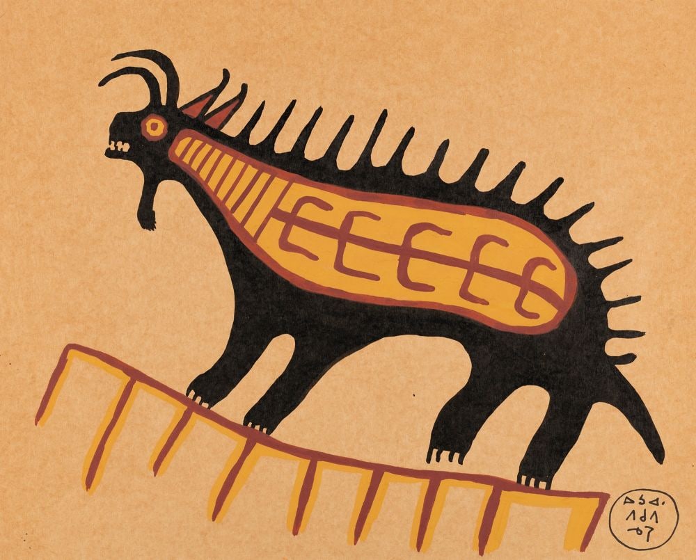 NORVAL MORRISSEAU, FIRST NATIONS, Untitled (Animal Spirit) (Michipichou [Mishipashoo]), c. early-mid: NORVAL MORRISSEAU, C.M. (1931-2007) ANISHINAABE (OJIBWE) Untitled (Animal Spirit) (Michipichou [Mishipashoo]), c. early-mid 1960s acrylic or gouache on card board, 23.25 x 29 in (59.1 x 73.7 cm) signe