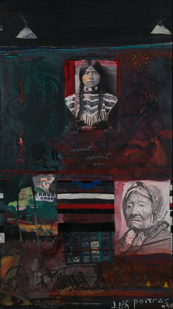 JANE ASH POITRAS, FIRST NATIONS, Children and the Elders, 1 July 1999: JANE ASH POITRAS, C.M., R.C.A. (1951-) CREE Children and the Elders, 1 July 1999 mixed media on canvas, 48 x 27 in (121.9 x 68.6 cm) signed and dated, "J.ASH Poitras 99"; signed, dated, and titled, "J