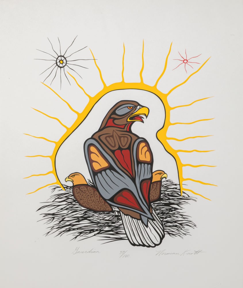 NORMAN KNOTT, FIRST NATIONS, Guardian, late 1970s / early 1980s: NORMAN KNOTT (1945-2003) ANISHINAABE (OJIBWE) Guardian, late 1970s / early 1980s silkscreen, 24 x 20 in (61 x 50.8 cm) 37/100 Provenance Ex. Coll. Colin John Grasset Molson (C.J.G.), Montreal. In